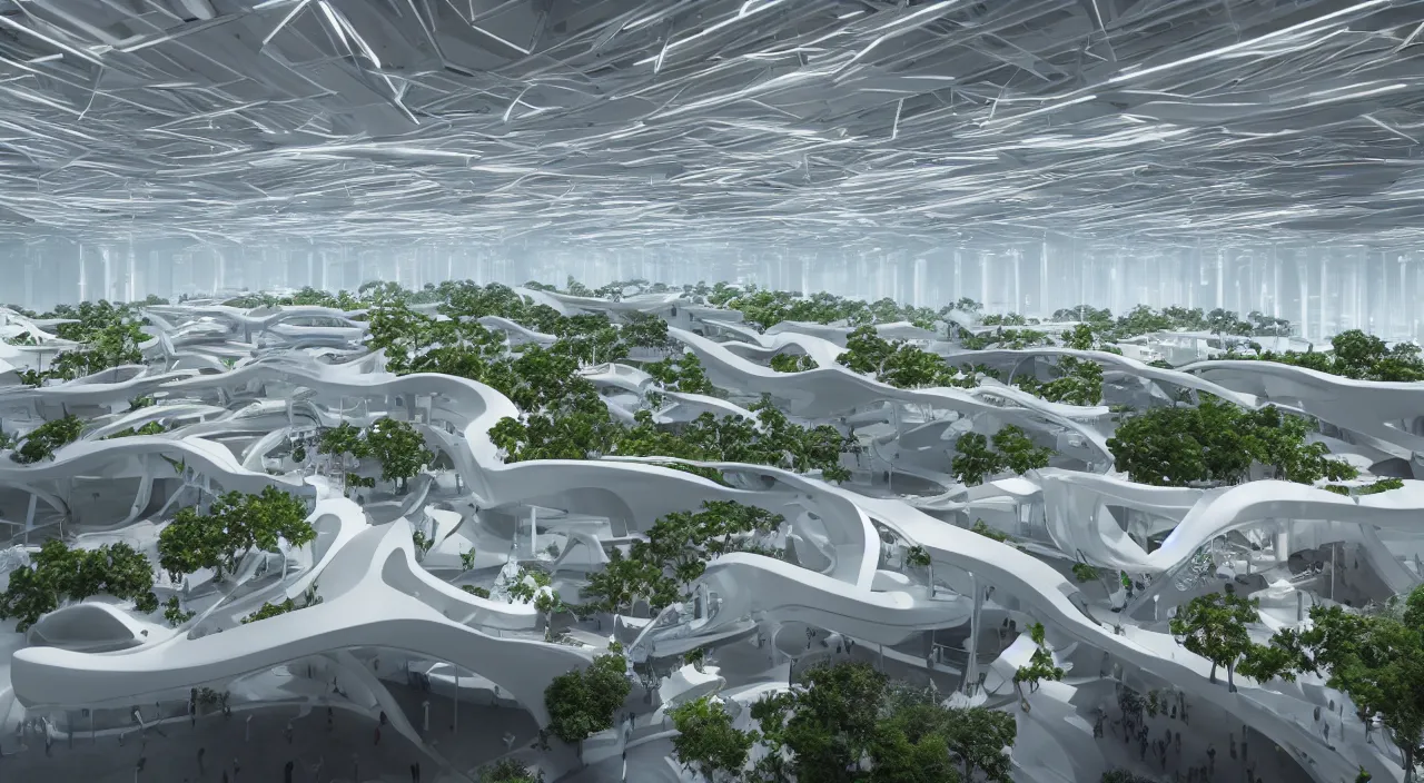 Image similar to futuristic open office with parks and plants, glowing computer screens, made with glossy white plastic and wood, large windows and voluminous light and light rays, extremely intricate, very detailed, in style of zaha hadid, artstation, octane render, cinematic lighting