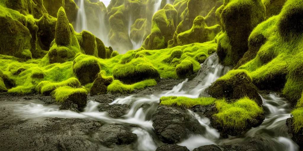 Prompt: photo of a landscape with lush forest, wallpaper, very very wide shot, iceland, new zeeland, green flush moss, national geographic, award landscape photography, professional landscape photography, waterfall, stream of water, hibiscus flowers, big sharp rock, ancient forest, primordial, sunny, day time, beautiful