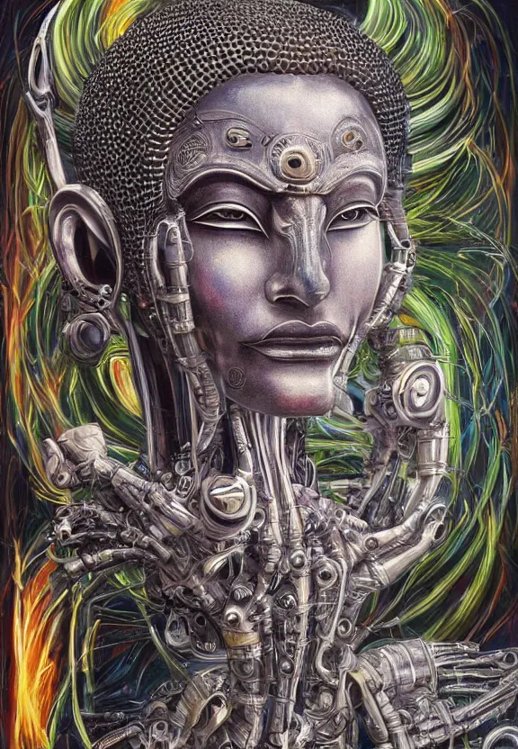 Image similar to perfectly centered portrait, front view of a beautiful biomechanical cyberpunk alien android robot buddha, female, flowing hair, intense stare, sarcastic smile, symmetrical, concept art, intricate detail, volumetric shadows and lighting, realistic oil painting by alex grey and h. r giger,