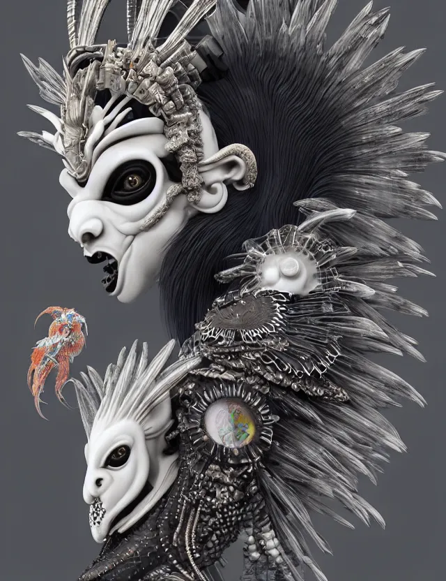 Image similar to 3 d goddess close - up profile portrait punk with mohawk with ram skull. beautiful intricately detailed japanese crow kitsune mask and clasical japanese kimono. betta fish, jellyfish phoenix, bio luminescent, plasma, ice, water, wind, creature, artwork by tooth wu and wlop and beeple and greg rutkowski