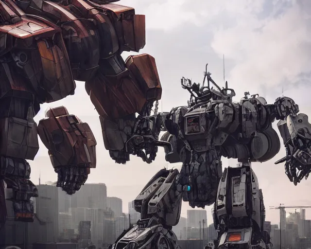 Image similar to a beautiful hyperrealistic ultradetailed 3D render of a gigantic mecha standing behinder the city, by brian sum and stephen martiniere and Antonio Manzanedo. mech, octane render, PBR, 3D, brilliantly colored, intricate, wide angle, volumetric lighting, polished, path tracing