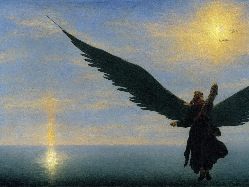 Prompt: dominion angel in the sky flying on the sea painted by caspar david friedrich