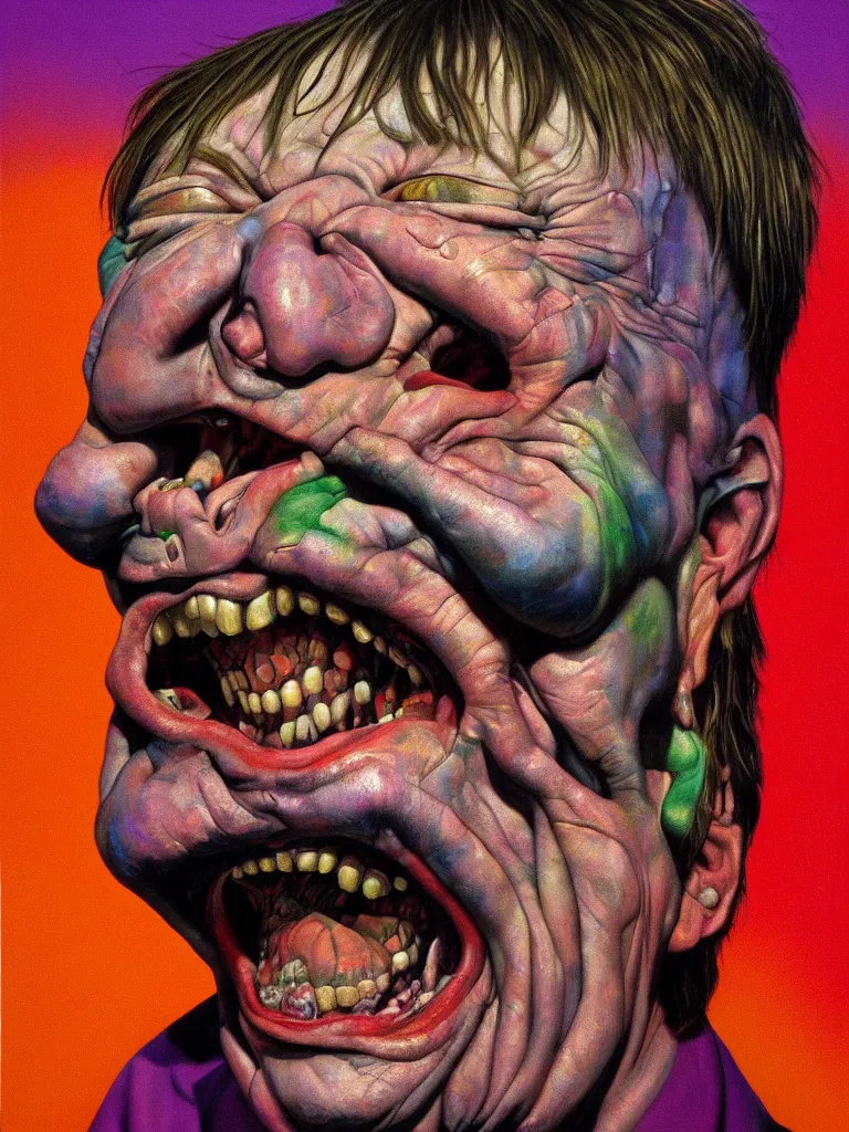 Image similar to hyper realistic painting, head of mark e smith from the fall laughing maniacally, outer glow, by chuck close, lisa frank, simon bisley, and richard corben, very intense, depth of field, depth perception, hyperdetailed, rich deep vivid colours, sharp focus, directional lighting