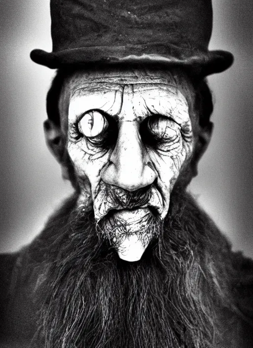 Image similar to A portrait photo of a very old cyclope man , high contrast, black and white