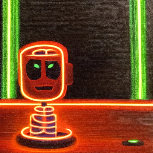 Prompt: a very smart robot playing neon chess sitting at a table, cyberpunk, oil painting