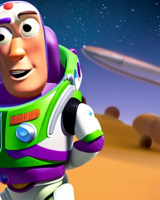 Prompt: Film still close-up shot of Jason Statham as Buzz Lightyear in the movie Toy Story 3. Photographic, photography