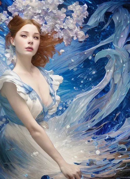 Image similar to cinderella, blue, splash aura in motion, floating pieces, painted art by tsuyoshi nagano, greg rutkowski, artgerm, alphonse mucha, spike painting