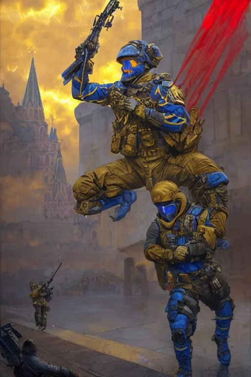 Image similar to special forces soldier installin ukrainian blue and yellow flag on red square kremlin, masculine figure, d & d, fantasy, bright atmosphere, volumetric lights, intricate, elegant, extremely detailed, digital painting, artstation, concept art, matte, smooth, sharp focus, hyper realistic, illustration, art by artgerm and greg rutkowski and alphonse mucha