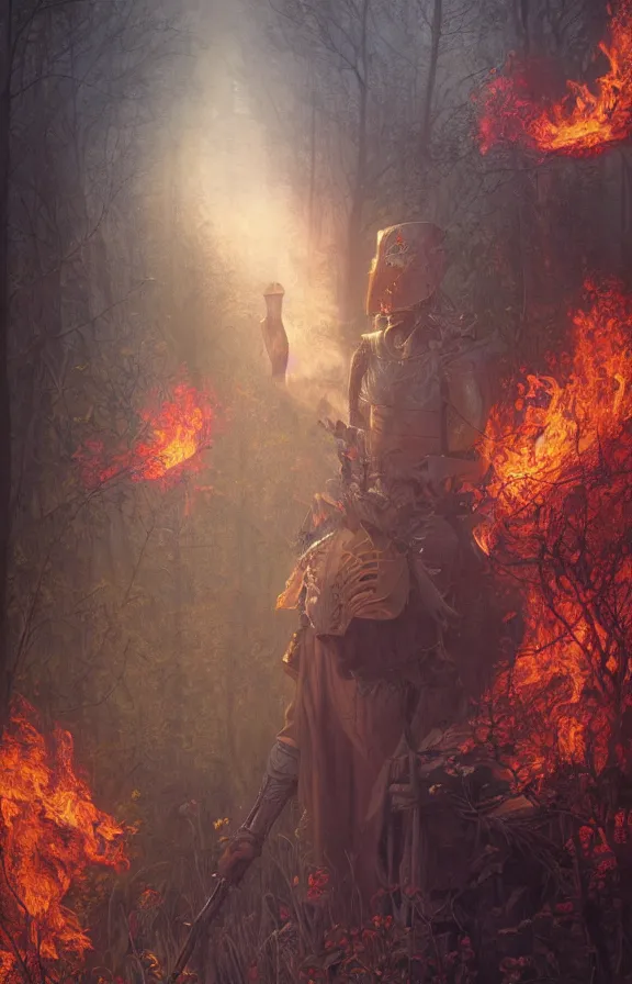 Prompt: portrait of a knight among flowers in dark forest surrounded by fire and smoke, moody, rim light, dynamic lighting, cinematic shot, gritty, ultra - detail, renderman, physically based render, jean delville, gustave dore and marco mazzoni