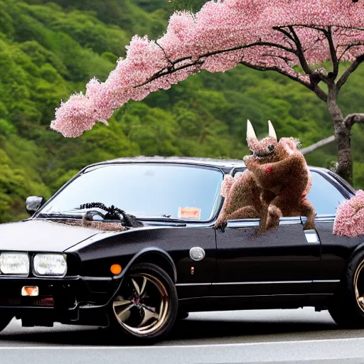 Prompt: photo of a dragon black polka dotted furred dragon driving a nissan hakosuka 2000 GTR down the cherry blossoming mt hakone