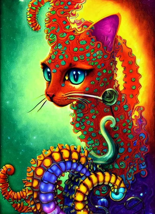 Prompt: cat seahorse fursona wearing headphones, autistic bisexual graphic designer, long haired attractive androgynous humanoid, coherent detailed character design, weirdcore voidpunk postminimalism digital art by delphin enjolras, leonetto cappiello, louis wain, furaffinity, cgsociety, trending on deviantart