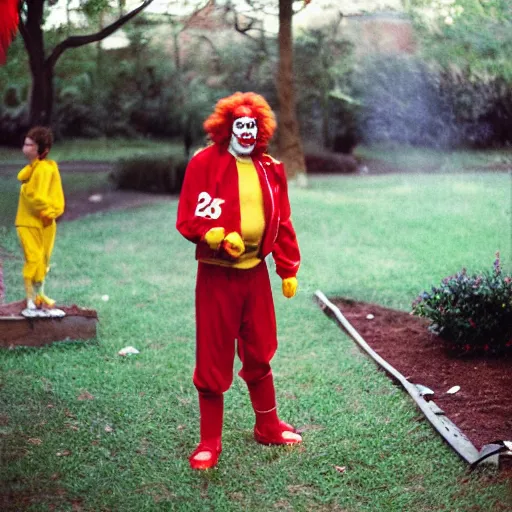 Image similar to Ronald McDonald vs Kurger Bing backyard wrestling, 35mm film