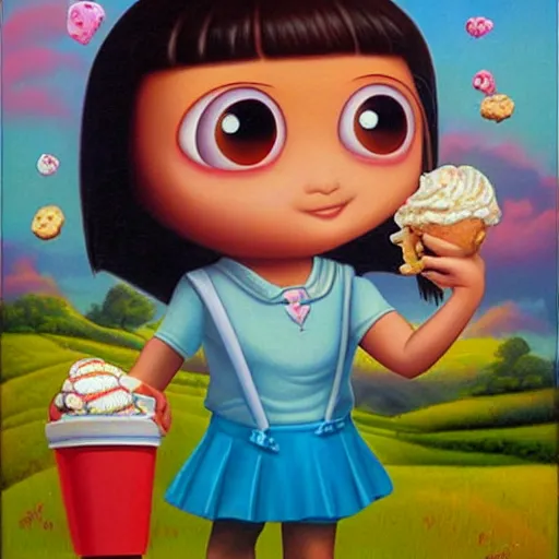 Prompt: dora the explorer as real girl holding ice cream, in lowbrow style, Pop Surrealism oil painting by Mark Ryden and Todd Schorr