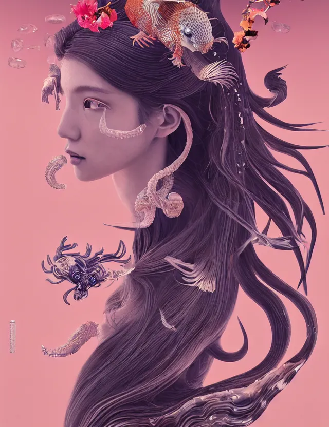 Image similar to 3 d goddess half - turn portrait with long hair with ram skull. beautiful intricately detailed japanese crow kitsune mask and clasical japanese kimono. betta fish, jellyfish phoenix, bio luminescent, plasma, ice, water, wind, creature, artwork by tooth wu and wlop and beeple and greg rutkowski