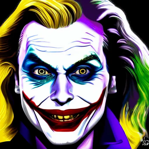 Image similar to margot robbie as the joker, highly detailed, realistic face, digital art