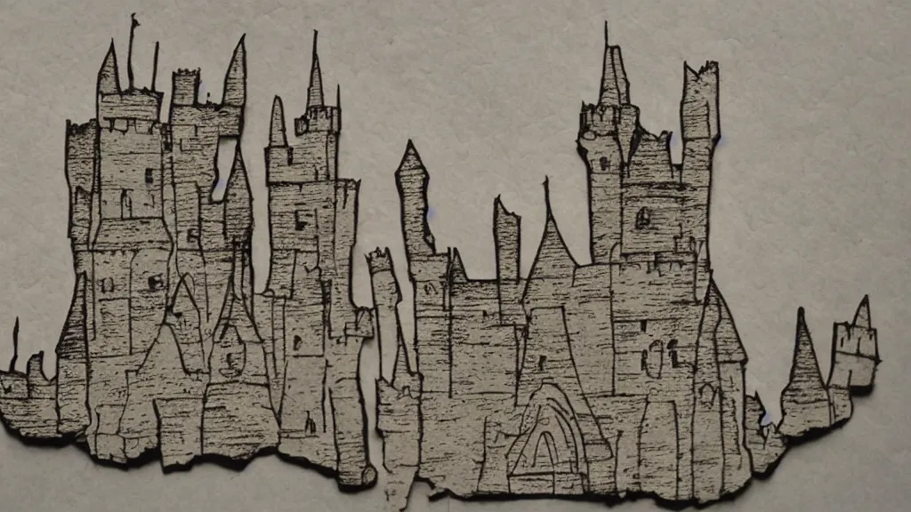 Prompt: a Newspaper paper cuts of a castle in the hills made