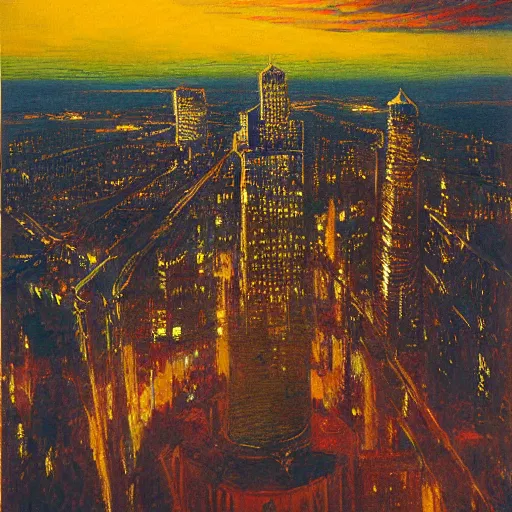 Prompt: impressionistic full - color painting of a distorted mirror reflecting a nightmarish aerial view of boston downtown skyline in 1 9 2 5 at night with a horrifying sky, aerial view, dark, brooding, night, atmospheric, horror, cosmic, ultra - realistic, smooth, highly detailed by dave dorman