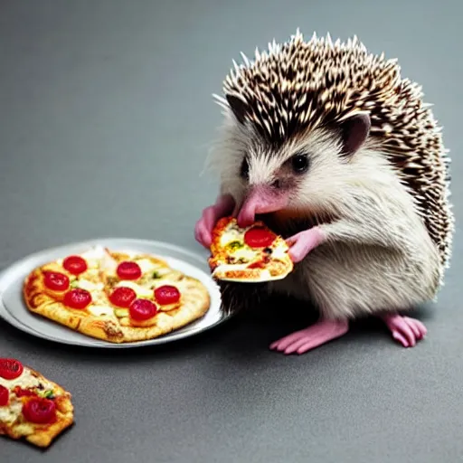 Image similar to still image of a cute hedgehog sitting at a tiny table eating a tiny pizza, photo