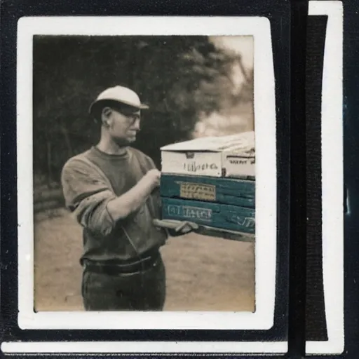 Image similar to a polaroid photo of a man using hand jack pallet