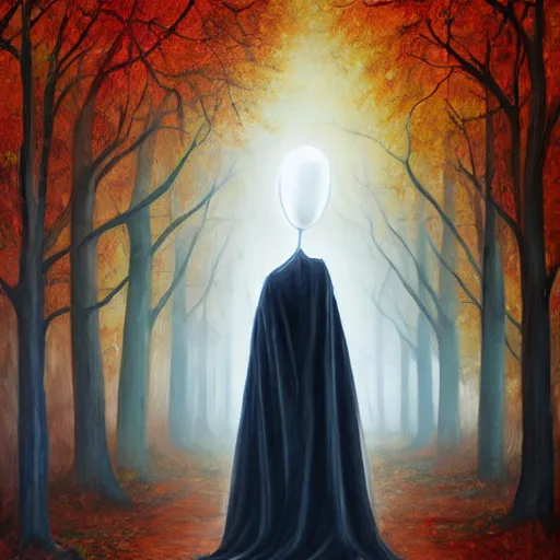 Image similar to ominous bedsheet ghost standing in an autumn forest, oil painting, brush strokes, gloomy misty atmosphere, symmetrical, full body image, highly ornate intricate details,