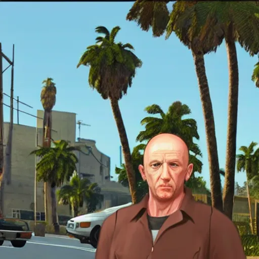 Prompt: Jonathan Banks in GTA V . Los Santos in the background, palm trees. In the art style of Stephen Bliss.