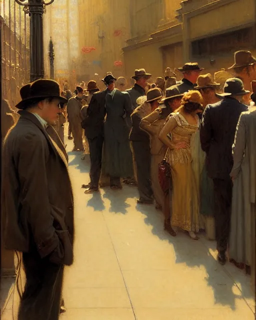 Image similar to attractive man waiting in line to audition for a hollywood movie, paramount movie lot 1 9 2 8 melancholy, nostalgia, painting by gaston bussiere, craig mullins, j. c. leyendecker