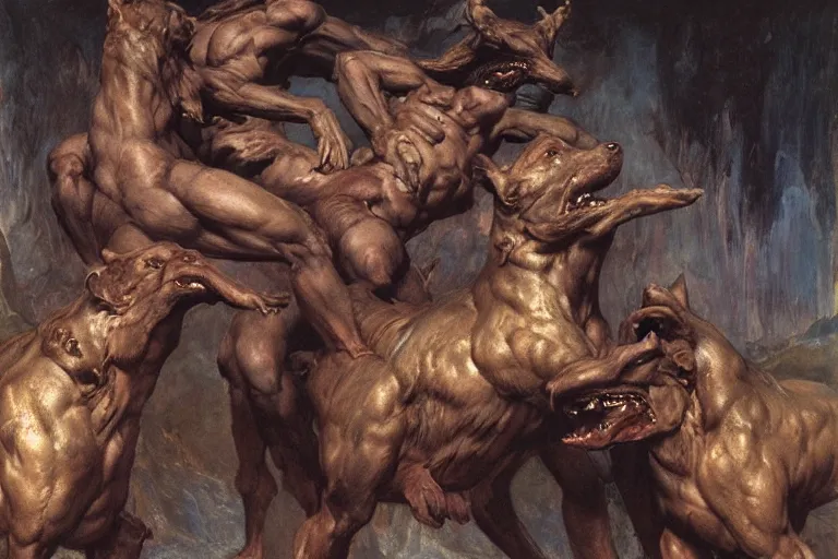 Image similar to hyperdetailed matte art of cerberus by william blake, ilya repin, amano, rene magritte, craig mullins, three headed dog, details