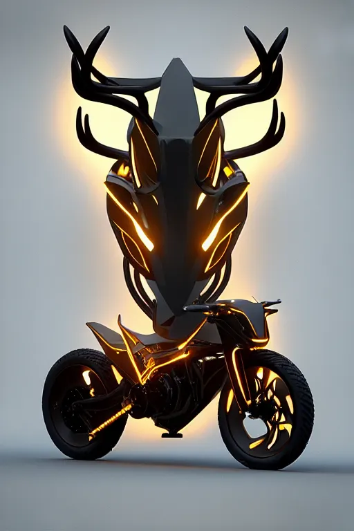 Image similar to “ deer bike. front on, symmetrical. industrial design. good design award, innovative product concepts, most respected design, amazing depth, glowing, golden ratio, 3 d octane cycle unreal engine 5, volumetric lighting, cinematic lighting, cgstation artstation concept art ”