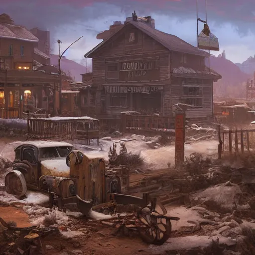 Prompt: painting of an wildwest town, snow, ultra realistic, concept art, intricate details, eerie, highly detailed, fallout, wasteland, photorealistic, octane render, 8 k, unreal engine 5. art by artgerm and greg rutkowski and alphonse mucha