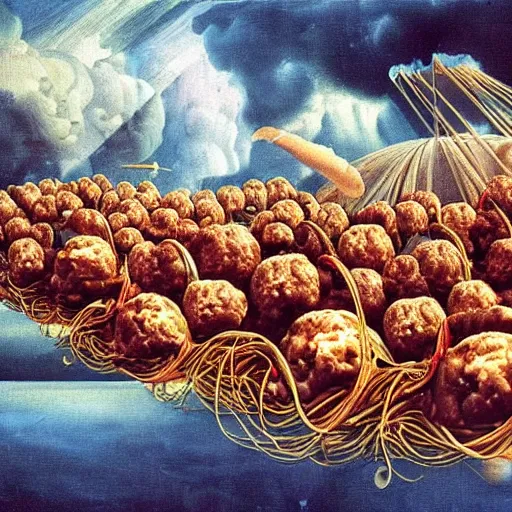 Prompt: a giant mess of women bodies with spaghetti bolognesa and meatballs flying in the stormy sky by dali