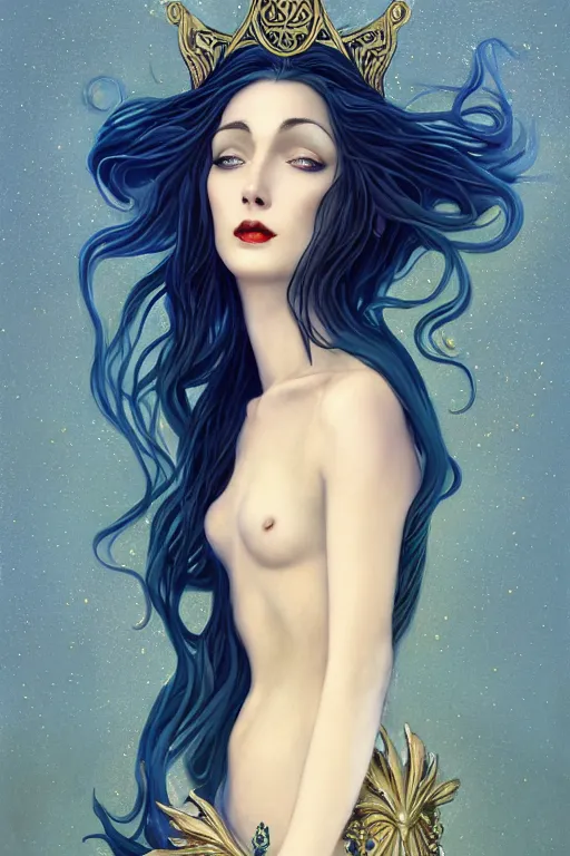 Image similar to a beautiful dark androgynous mermaid, pinup pose, long hair, tall and thin, wearing dozens of pendants and a gown of gold, small delicate crown of the sea on her head, illustration, dramatic lighting, soft details, painting oil on canvas, (art nouveau), octane render, HDR, 4k, 8k, HD, by Brom, Charlie Bowater, faces by otto schmidt