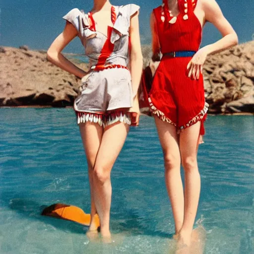 Prompt: a vintage 1 9 4 0 s kodachrome photograph of a avent - gard fashion haute couture collection swimming outfit ensemble inspired by the norse god, freyja.