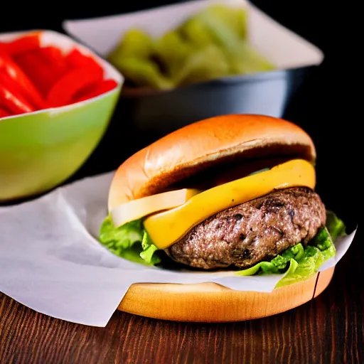 Prompt: 85mm food photograph of the perfect cheeseburger shot on 35mm film, studio lighting, 8k