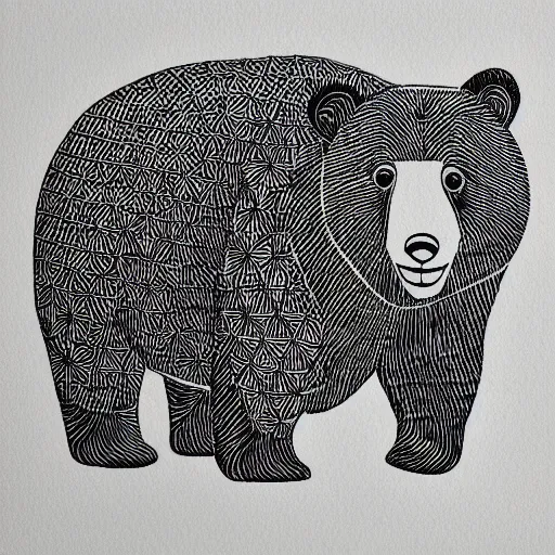 Prompt: happy bear, block print, simple stylized, black ink on white paper