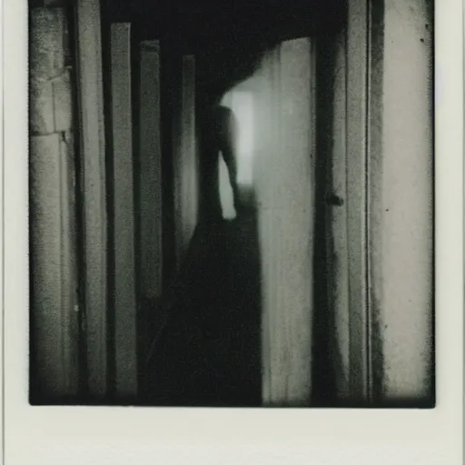 Prompt: tarman from the return of the living dead at the end of a dark hallway, polaroid,