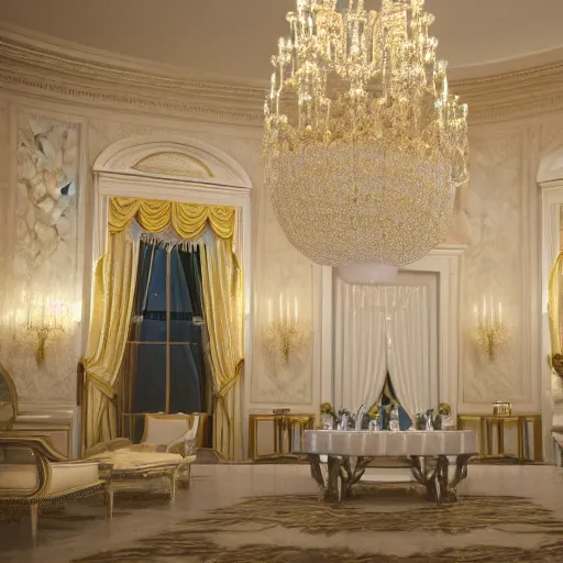 Prompt: extremly detailed luxurious white house interior with champagne on the table, 8 k, octane render, ray traced, global illumination, ultra detailed, photorealistic