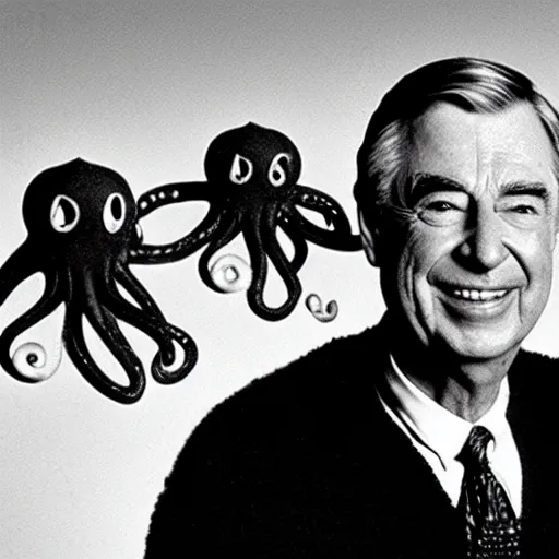 Image similar to mr. rogers wearing a cursed octopus as a hat, darkly lit horror photo