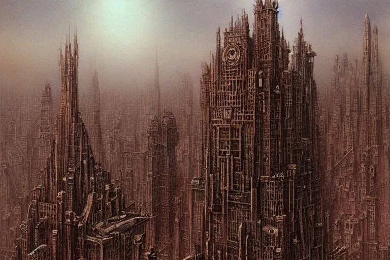 Image similar to monsters'city by luis royo and wayne barlowe, beksinski