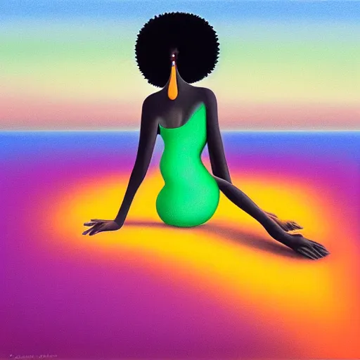 Image similar to a black woman relaxing on a black sand beach at sunset, bioluminescent plankton by justin bua and evgeni gordiets in a surreal style, oil on canvas