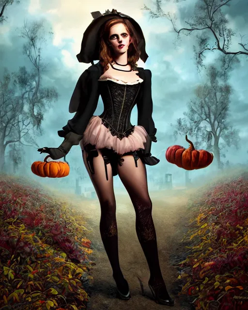 Prompt: full shot portrait painting of very beautiful emma watson standing as black maiden in stockings corset golden age noir streets, character design by mark ryden and pixar and hayao miyazaki, unreal 5, daz, hyperrealistic, octane render, cosplay, rpg portrait, dynamic lighting, intricate detail, harvest fall vibrancy, cinematic