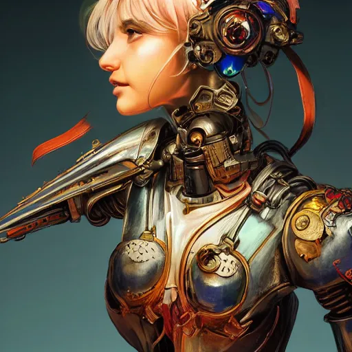 Image similar to studio portrait of lawful good colorful female holy mecha paladin absurdly beautiful, elegant, young sensual graceful woman, ultrafine hyperrealistic detailed face illustration by kim jung gi, irakli nadar, intricate linework, sharp focus, bright colors, matte, octopath traveler, final fantasy, unreal engine highly rendered, global illumination, radiant light, intricate environment