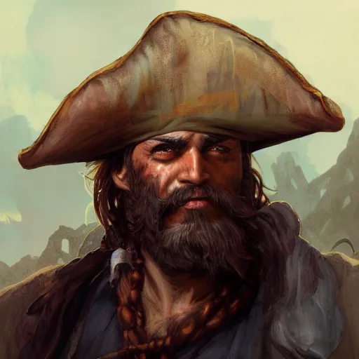 Prompt: painterly bearded pirate, painted fantasy character portrait, headshot, fantasy, highly detailed, digital painting, artstation, concept art, sharp focus, illustration, art by the golden age of American illustration archive, simon bisley and frank frazetta, artgerm and greg rutkowski and alphonse mucha