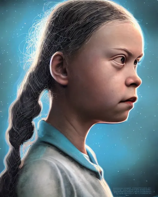 Image similar to closeup face profile portrait of greta thunberg as a soviet chernobyl space toy, bikini, depth of field, zeiss lens, detailed and intricate environment, fashion photoshoot by nicoletta ceccoli, mark ryden, lostfish, breathtaking, 8 k resolution, artistic, hyperrealistic, octane render