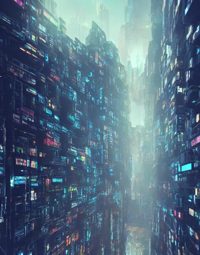 Prompt: cyberpunk, old technology, ladders, elevators, pesimistic future by Asher Durand. stacks of container with people living within, intricate artwork. octane render, trending on artstation, very coherent symmetrical artwork. cinematic, hyper realism, high detail, octane render, 8k, iridescent accents