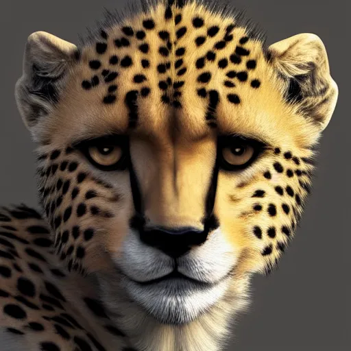 Prompt: A high quality portrait of a male human cheetah hybrid with long lush white hair, concept art, highly detailed, 8k