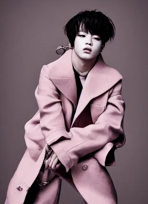 Image similar to jimin styled by nick knight posing, couture, vogue magazine, highly realistic. high resolution. highly detailed. dramatic. 8 k. 4 k.