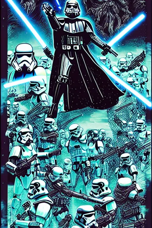 Prompt: platonic ideal of george lucas, luke skywalker, detailed stormtroopers, darth vader wearing a long flowing cape, action pose, intricate, volumetric lighting, moebius, geof darrow, frank miller, dan mumford, poster,