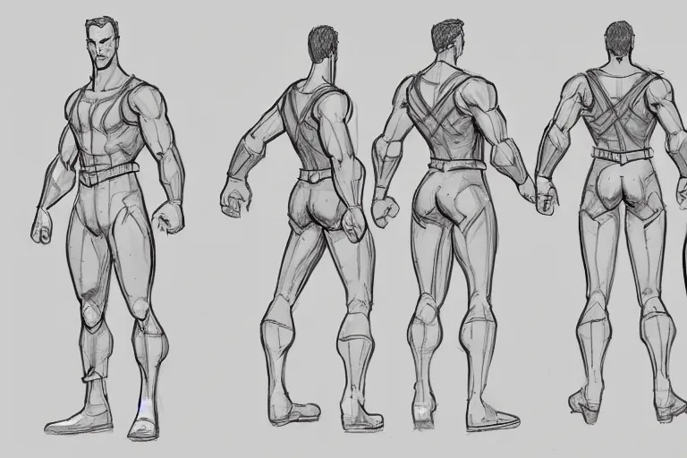 Image similar to a model sheet contaning a hero in the front back and side views, proportions,