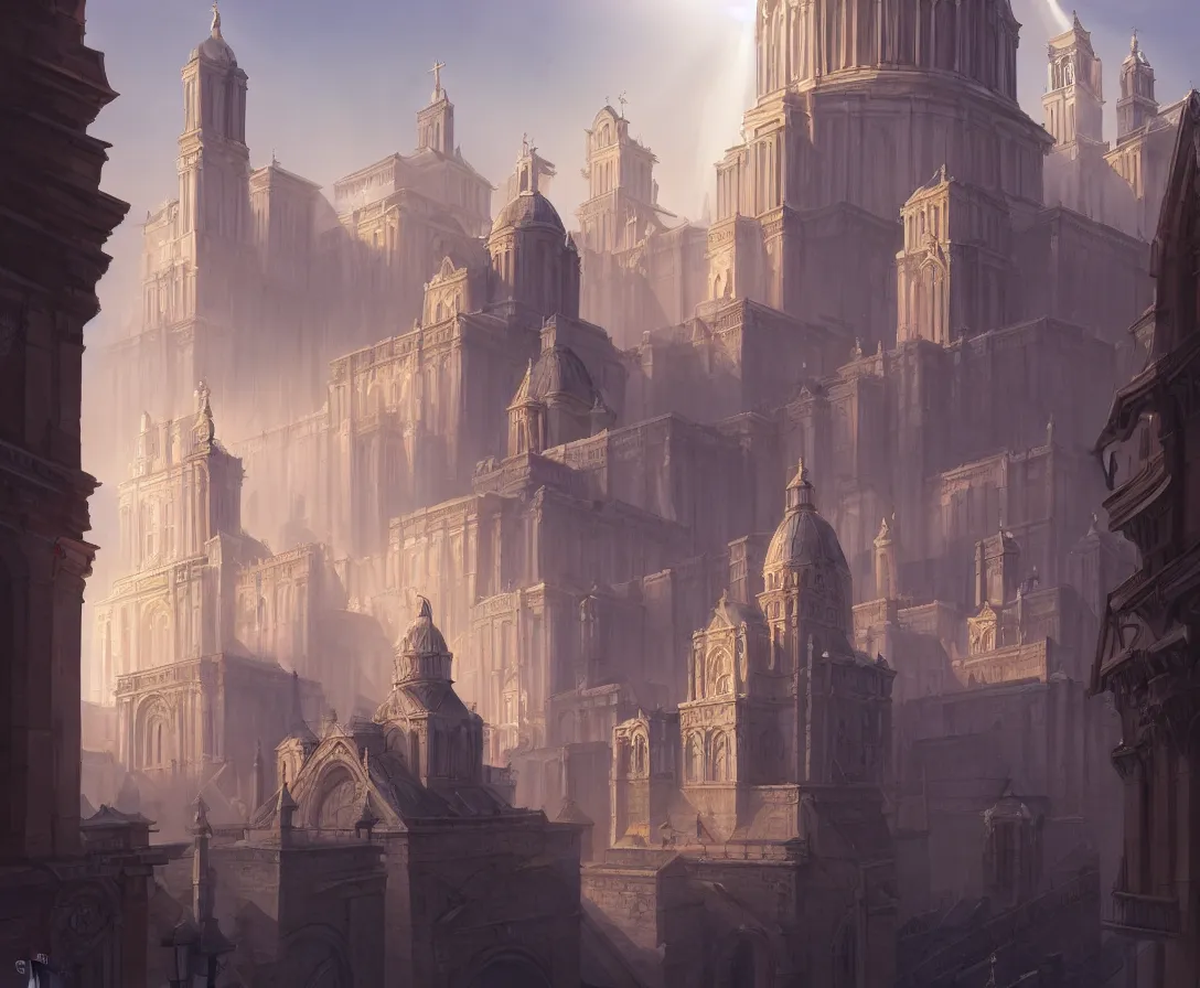 Image similar to highly detailed concept art of authoritarian pearly white medieval city, roman architecture with religious iconography, sunbeams, art by jonathan berube, digital painting, fantasy, d & d, beautiful, illustration