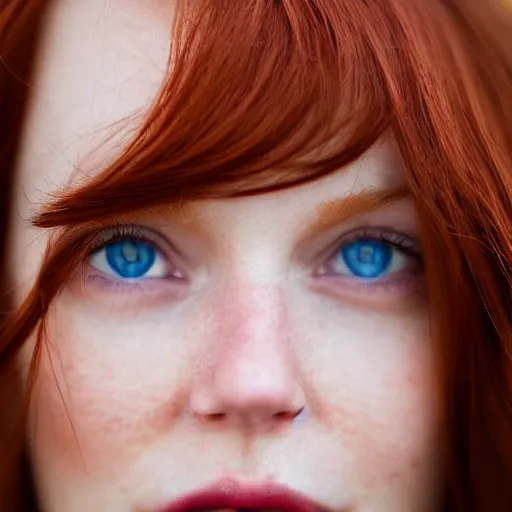 Image similar to close up portrait photo of the left side of the face of a redhead woman with blue eyes and big black round pupils who looks directly at the camera. Slightly open mouth, face covers half of the frame, with a park visible in the background. 135mm nikon. Intricate. Very detailed 8k. Sharp. Cinematic post-processing. Award winning photography